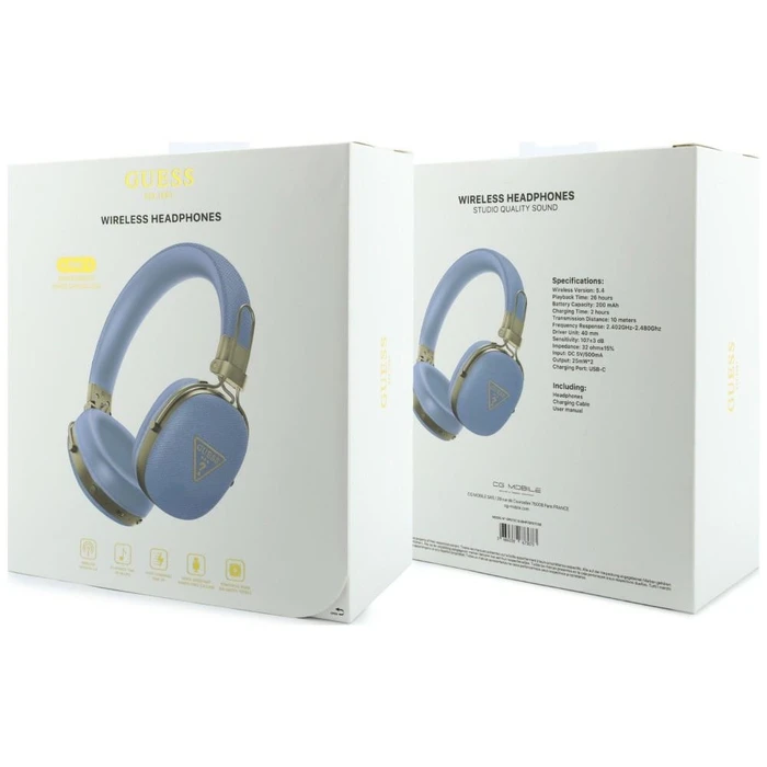 Guess Grained Triangle Gold Logo Bluetooth ENC Over-Ear Headphones Blue