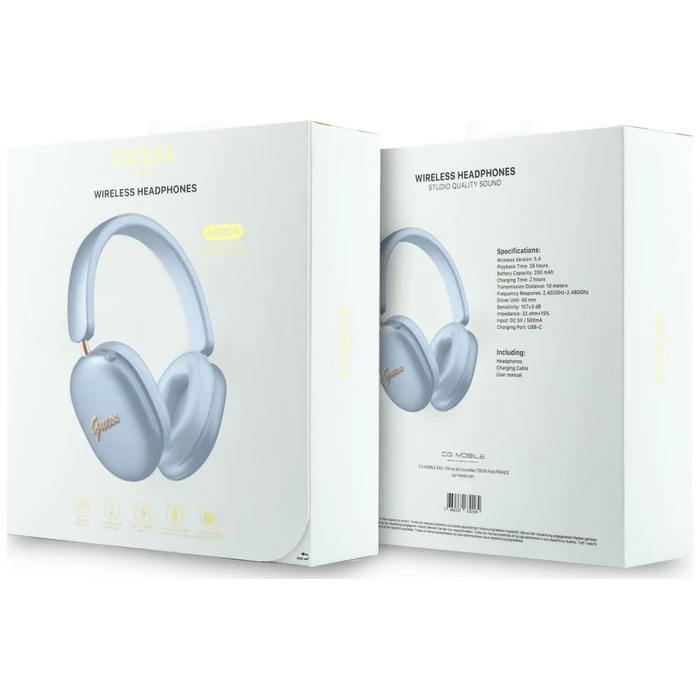 Guess Metallic Effect Metal Script Logo Bluetooth ENC Over-Ear Headphones Blue