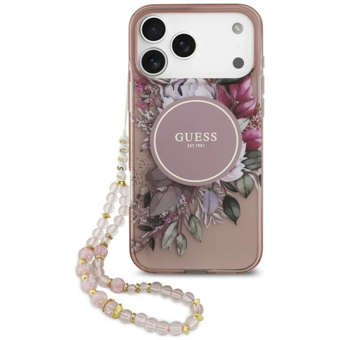 Guess IML Flowers Pearl Strap MagSafe Apple iPhone 18 Pro / 17 Pro pink