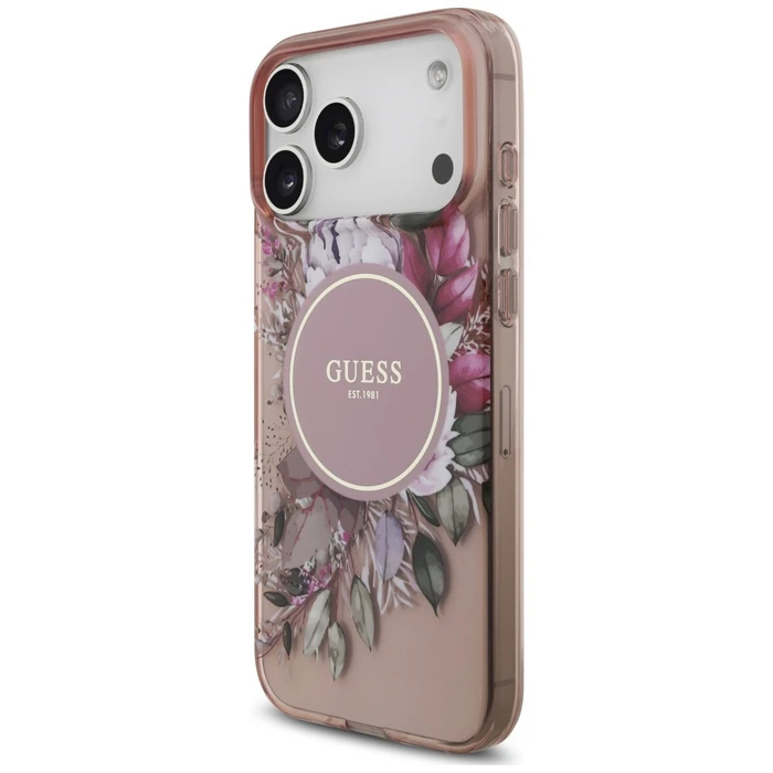 Guess IML Flowers Pearl Strap MagSafe Apple iPhone 18 Pro / 17 Pro pink