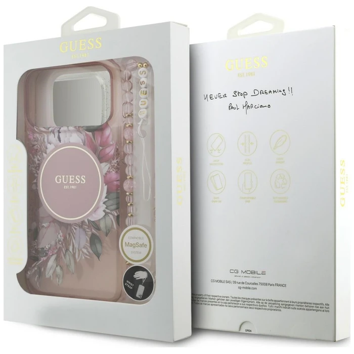 Guess IML Flowers Pearl Strap MagSafe Apple iPhone 18 Pro / 17 Pro pink