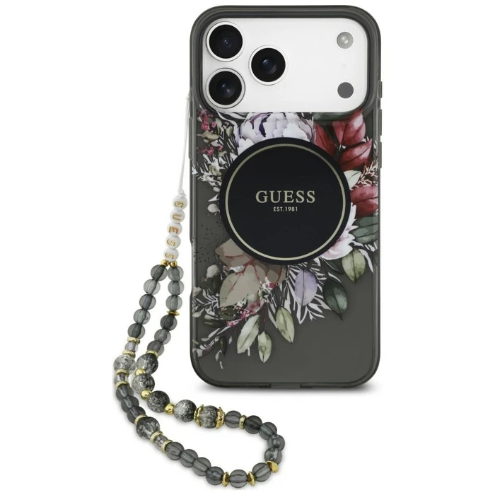 Guess IML Flowers Pearl Strap MagSafe Apple iPhone 18 Pro Max / 17 Pro Max black