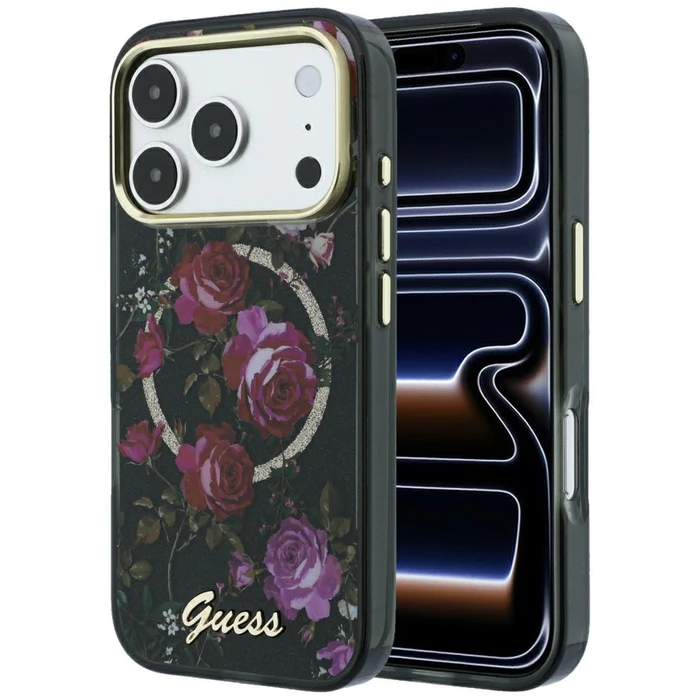 Guess IML Glitter Blossom Roses MagSafe Apple iPhone 18 Pro Max / 17 Pro Max black