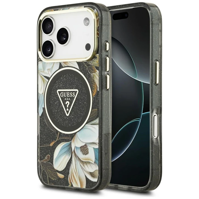 Guess IML Glitter Flowers Triangle MagSafe Apple iPhone 18 Pro Max / 17 Pro Max black