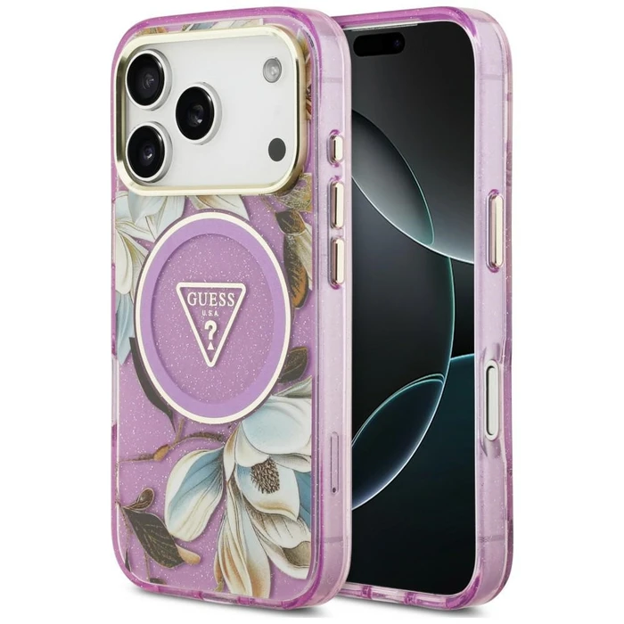 Guess IML Glitter Flowers Triangle MagSafe Apple iPhone 18 Pro Max / 17 Pro Max purple