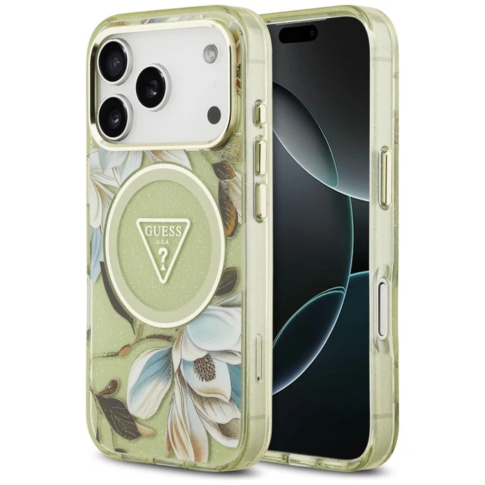 Guess IML Glitter Flowers Triangle MagSafe Apple iPhone 18 Pro Max / 17 Pro Max green