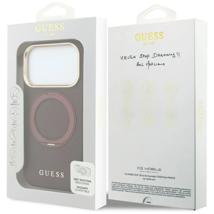 Guess Ring Stand 360 Grained Classic Logo MagSafe Apple iPhone 18 Pro / 17 Pro burgundy