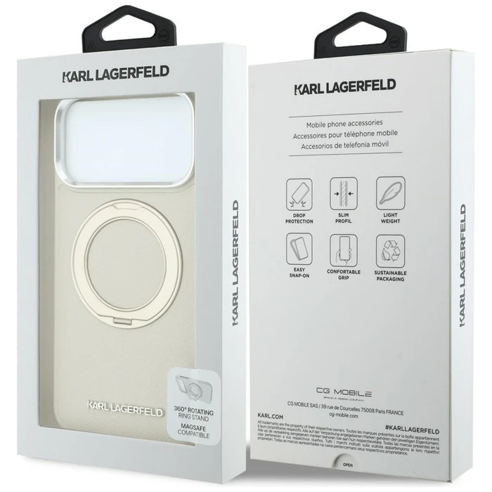 Karl Lagerfeld Ring Stand 360 Saffiano Classic Logo MagSafe Apple iPhone 18 Pro / 17 Pro beige