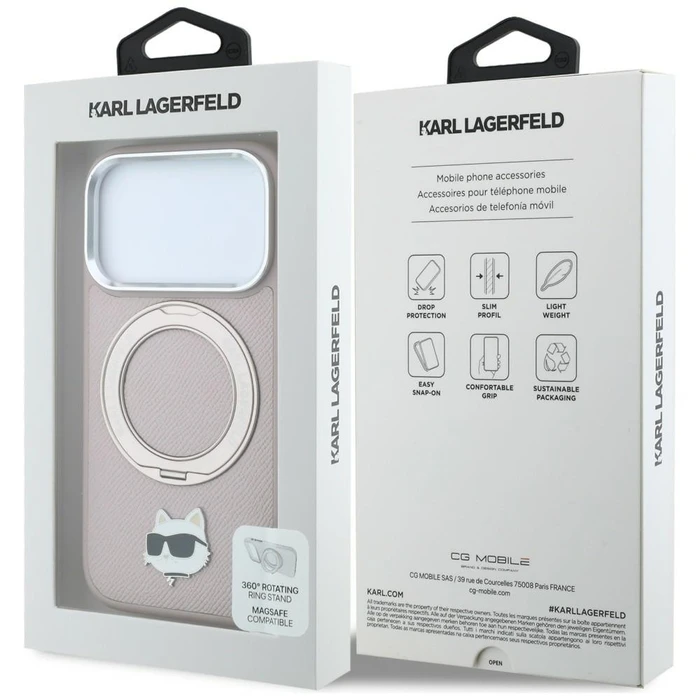 Karl Lagerfeld with Ring Stand 360 Choupette Head Pin MagSafe Apple iPhone 18 Pro / 17 Pro pink