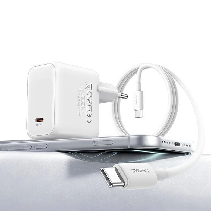 USAMS CC339 T76 45W GaN USB-C Wall Charger + SJ711 USB-C / USB-C 1m White Cable