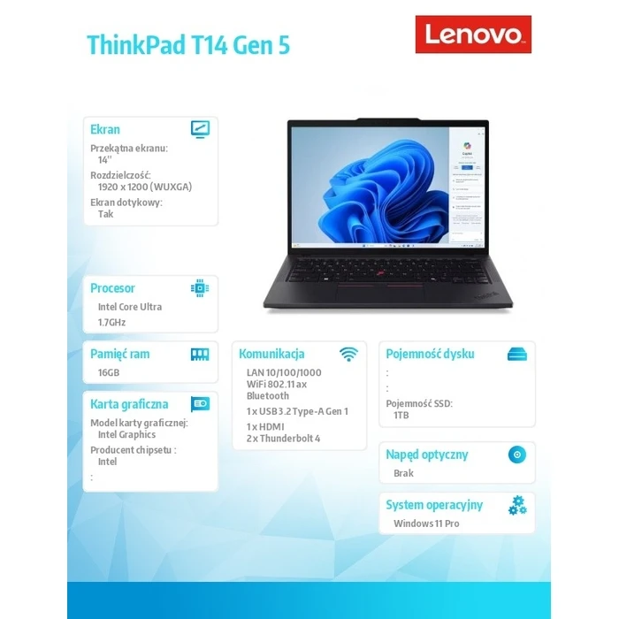 Laptop Lenovo 14" Ultrabook ThinkPad T14 G5 21ML0046PB W11Pro Ultra 7 155U/16GB/1TB//Touch/Black (US Keyboard)