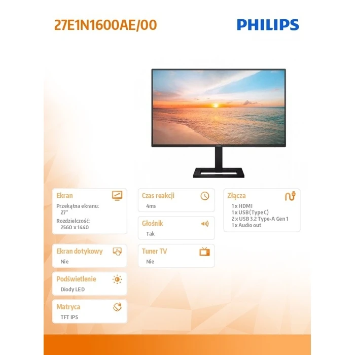 Monitor 27" Philips Cali 27e1n1600ae Ips 100hz Hdmi Usb-C Has