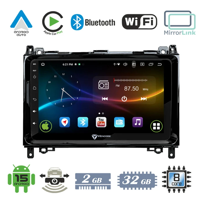 VenCore 3236-10007-0759B3 - 9" Android 15 Multimedia Head Unit with Front Panel, CarPlay, Android Auto and AHD Rear Camera Support for Mercedes A-Class W169 2004-2011 - Black