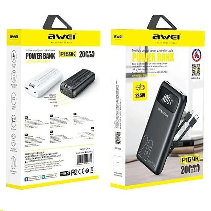 Power Bank Awei 20000mAh P169 K 22,5W USB-C+Apple Cab