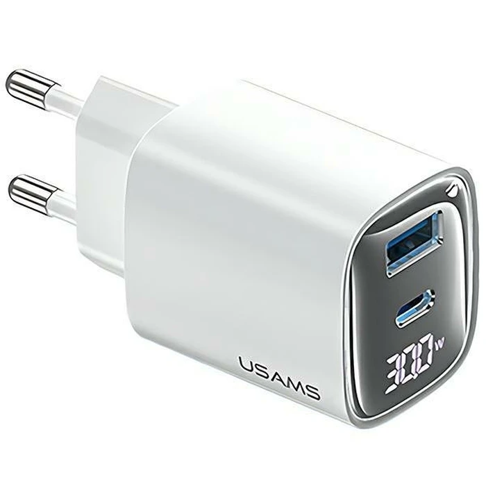 Φορτιστής Πρίζας Usams 30w Gan Led Usb+Usb-C Cc229 White