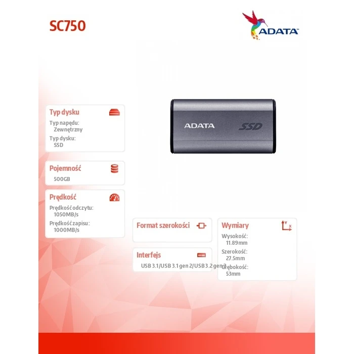 USB Flash Adata Sc750 500g Usb3.2c 1050/1000 Mb/S