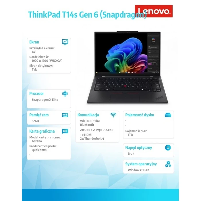 Laptop Lenovo 14" Ultrabook ThinkPad T14s G6 21N1000JPB W11Pro X1E-78-100/32GB/1TB/Touch