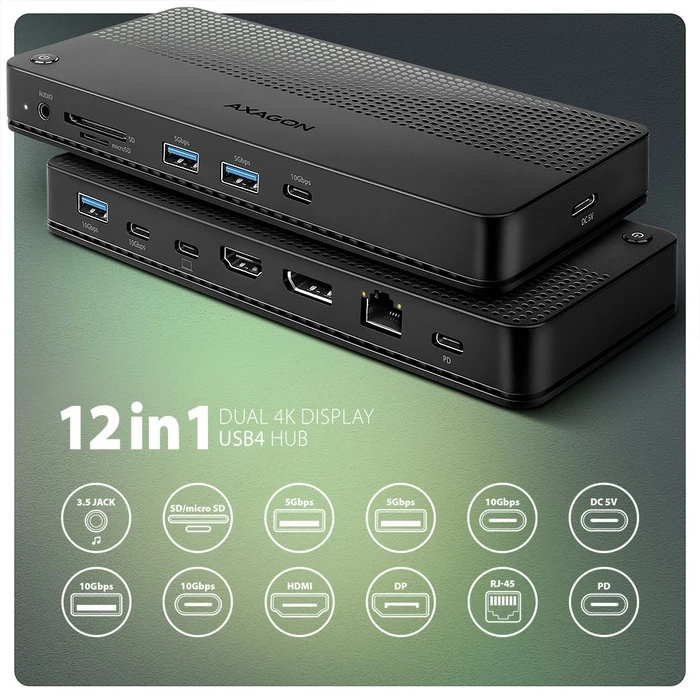 Docking Station Axagon Hmc-U4 Usb 12in1 40gbps Lan Hdmi Dp Pd