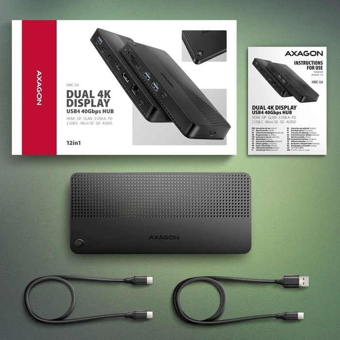 Docking Station Axagon Hmc-U4 Usb 12in1 40gbps Lan Hdmi Dp Pd