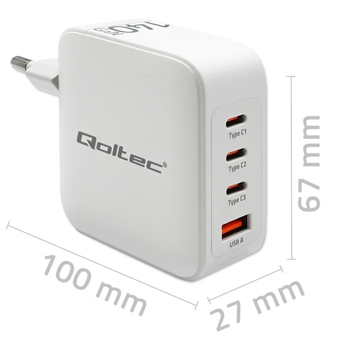 Φορτιστής Πρίζας Qoltec Gan 140w 5v 20v 2.5a 5a,3xusb C Pd,1xus
