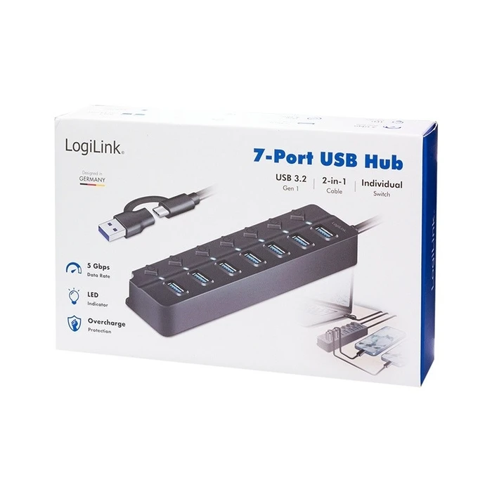 USB Hub Logilink USB3.2 Gen1 7 port on/off switch Black