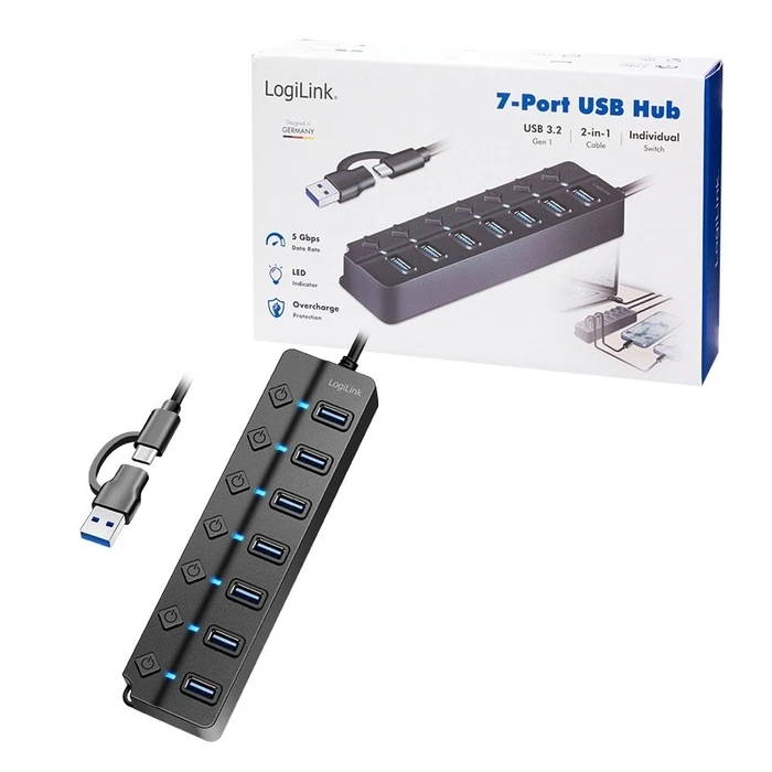 USB Hub Logilink USB3.2 Gen1 7 port on/off switch Black