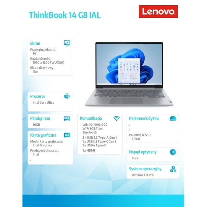 Laptop Lenovo 14" ThinkBook 14 G8 21SJ008APB W11Pro Ultra 5 225U/16GB/512GB///Luna Grey (US Keyboard)