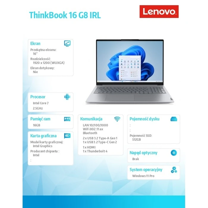 Laptop Lenovo 16" ThinkBook 16 G8 21SH00A4PB W11Pro Intel 7 240H/16GB/512GB/INT/Luna Grey (US Keyboard)