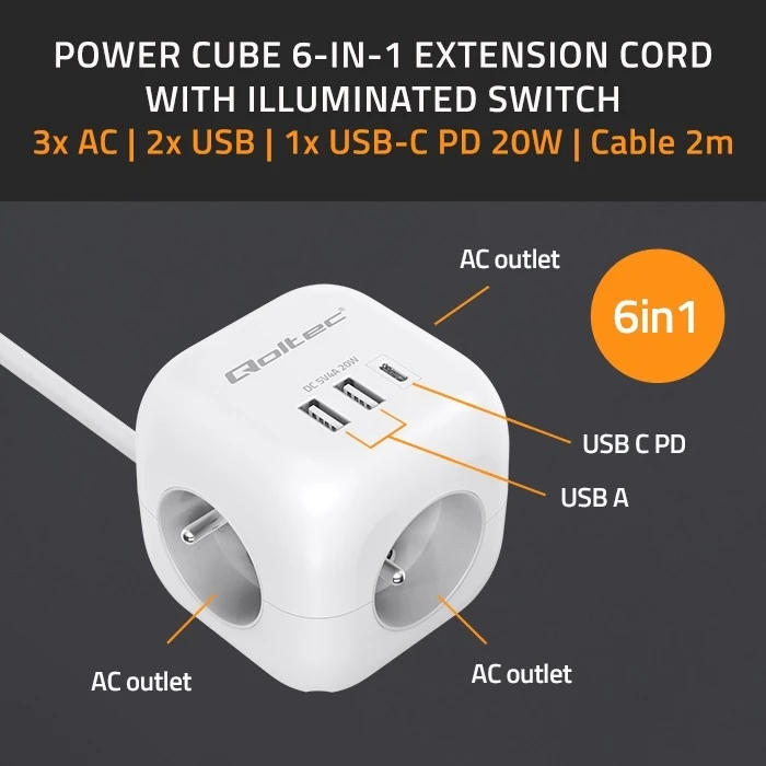Πολύπριζο Qoltec Power cube 6in1 3x AC 2x USB 1x USB-C PD 20W