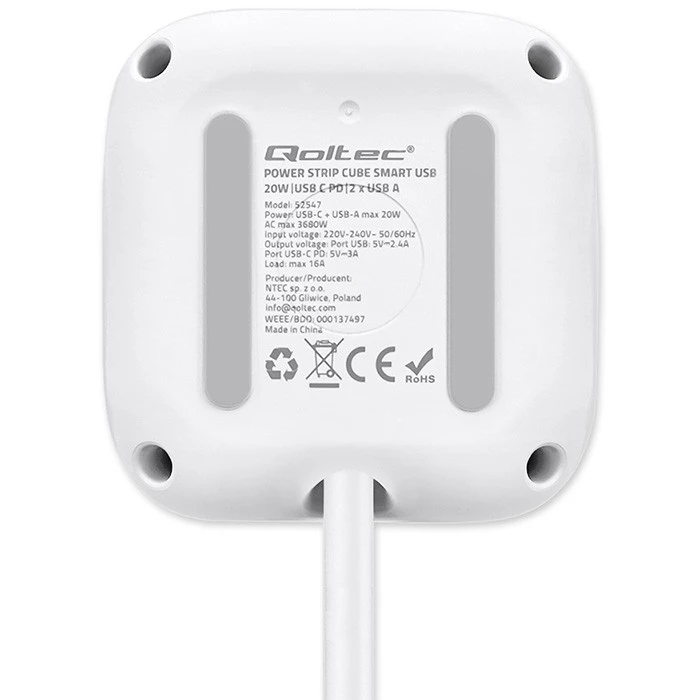 Πολύπριζο Qoltec Power cube 6in1 3x AC 2x USB 1x USB-C PD 20W