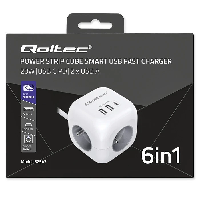 Πολύπριζο Qoltec Power cube 6in1 3x AC 2x USB 1x USB-C PD 20W