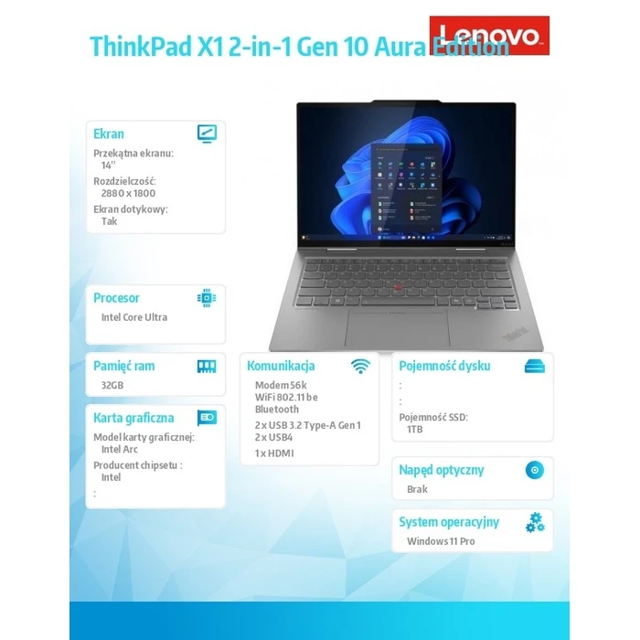 Laptop Lenovo 14" Ultrabook Thinkpad X1 2-in-1 Gen10 21NU0023PB W11Pro Ultra 7 258V/32GB/1TB/Grey (US Keyboard)