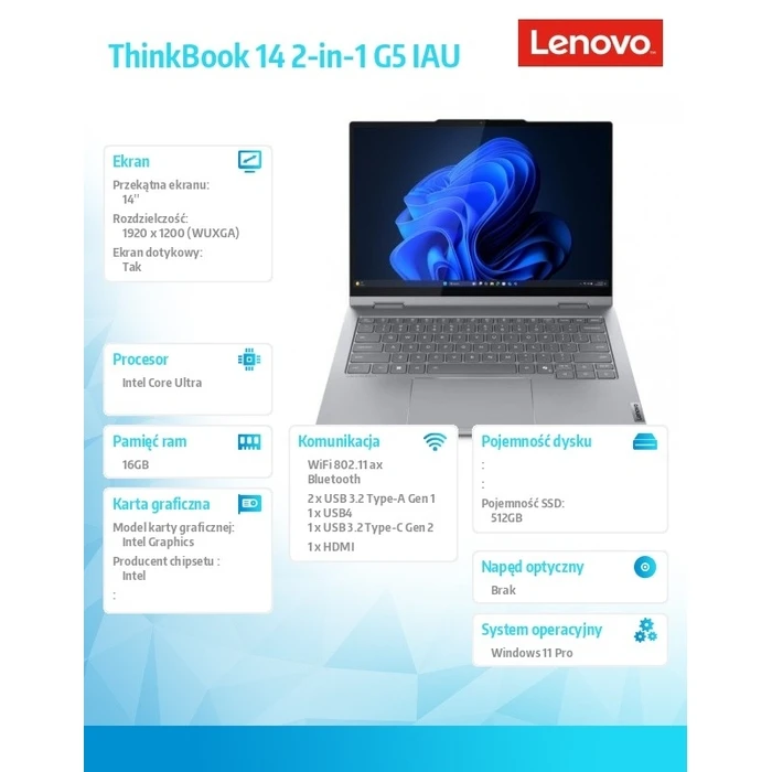 Laptop Lenovo 14" ThinkBook 14 G5 2in1 21SQ0016PB W11Pro Ultra 5 225U/16GB/512GB/INT/Luna Grey(US Keyboard)