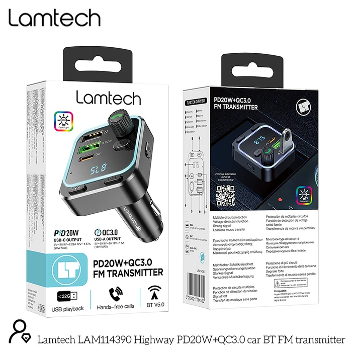 FM Transmitter Lamtech Rgb Bt5.0 Qc3.0 Pd20w