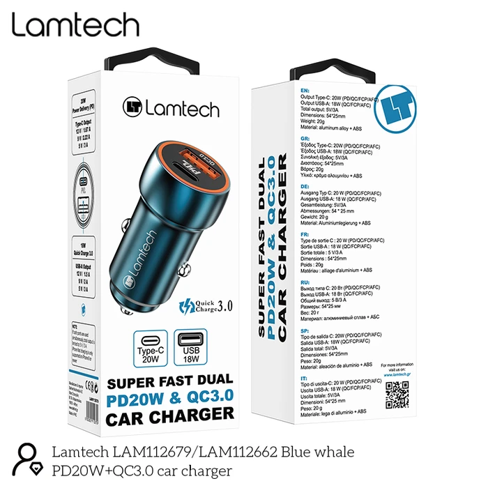 Φορτιστής Αυτοκινήτου Lamtech METAL QC3.0 & PD20W SAPHIRE BLUE