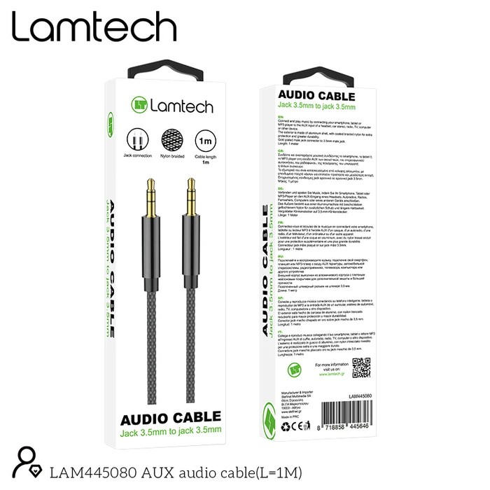 Καλώδιo 3,5mm Lamtech AUDIOCABLE BRAIDED 1m to 3.5mm Black