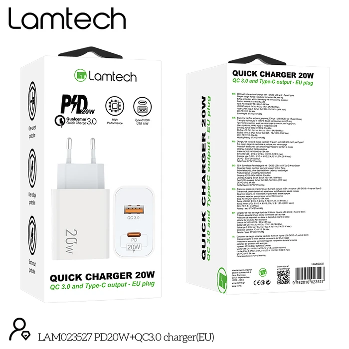 Φορτιστής Πρίζας Lamtech USB QC3.0/Type-C 20W