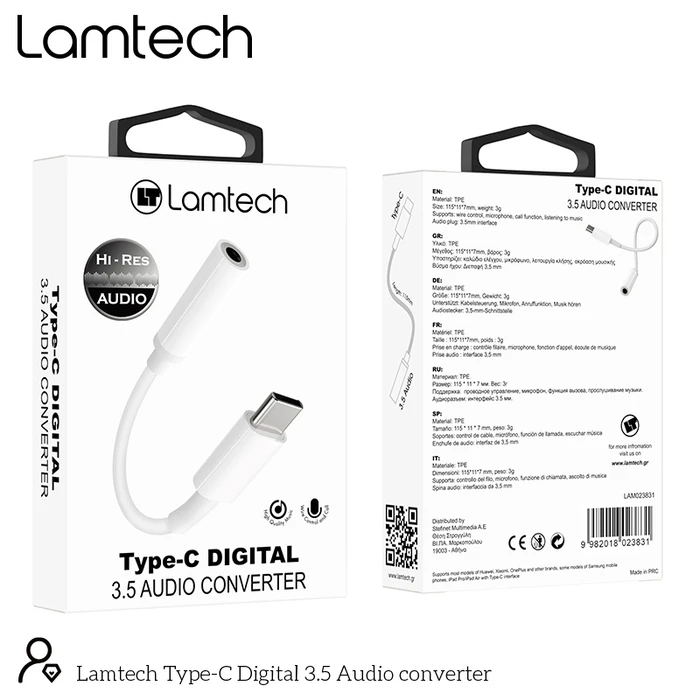 Αντάπτορας USB Lamtech Type-C Audio JACK 3,5mm WHITE