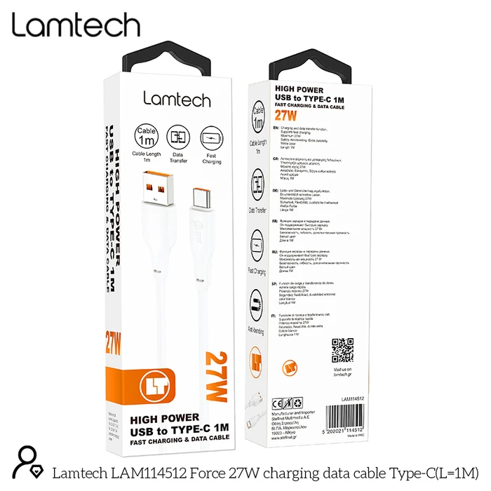 Καλώδιο USB-C Lamtech High Power 1m 27w White