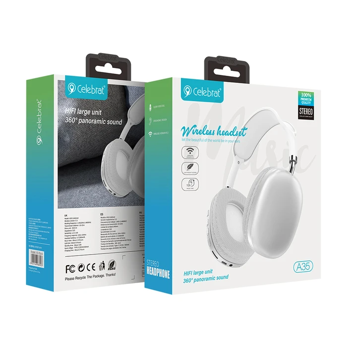 Headphones Celebrat A35, ασύρματα & ενσύρματα, micro SD, 40mm, 200mAh, Λευκά