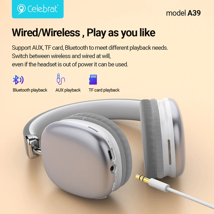 Headphones Celebrat A39, ασύρματα & ενσύρματα, micro SD, 40mm, 400mAh, Μαύρα