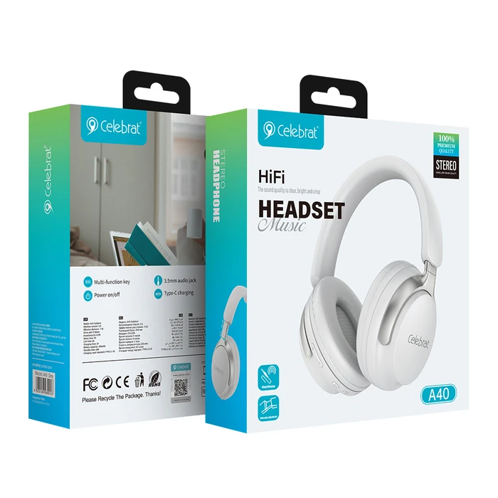 Headphones Celebrat A40, ασύρματα & ενσύρματα, 40mm, 250mAh, Λευκά