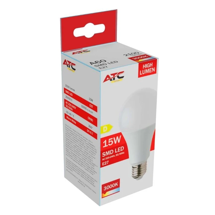 ATC Λαμπτήρας LED SMD High Lumen A60 230V 15W 2100LM E27 3000K