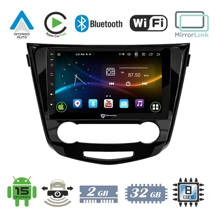 VenCore 3236-10008-0004B - Οθόνη Multimedia Android 15 10" (10.1") για Nissan Qashqai 2014-2021, MTK6762, 2GB/32GB, CANbus Box - Μαύρη