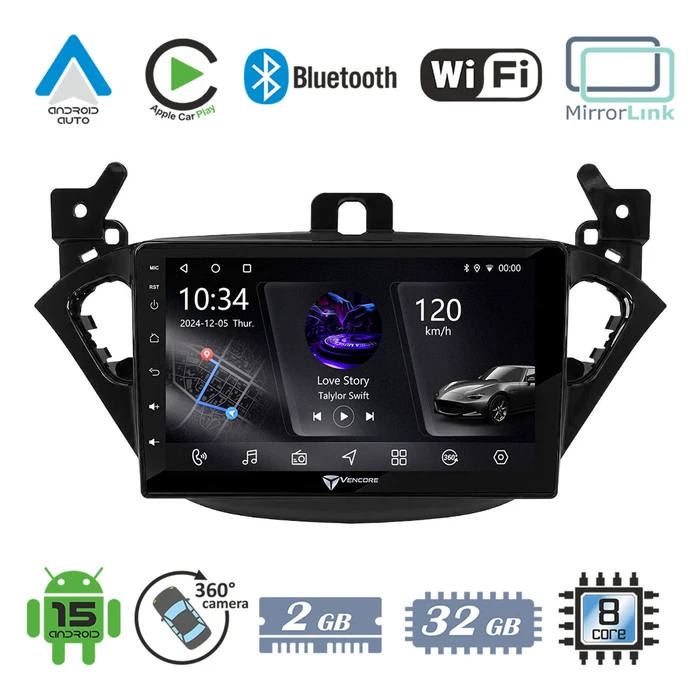 VenCore 3236-10005-0425B - Οθόνη Multimedia Android 15 9" PX5S Octa‑Core 2GB/32GB για Opel Corsa E 2015-2018 (Μαύρη)