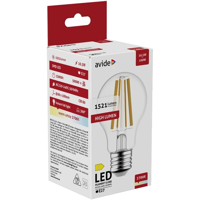 Λάμπα LED Avide Κοινή 10.5W E27 A65 360° Θερμό 2700K Υψηλής Φωτεινότητας