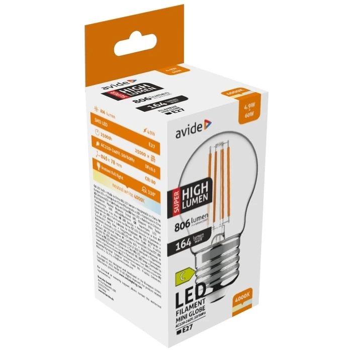 Λάμπα LED Avide Σφαιρική 4.9W E27 Λευκό 4000K Super Υψηλής Φωτεινότητας