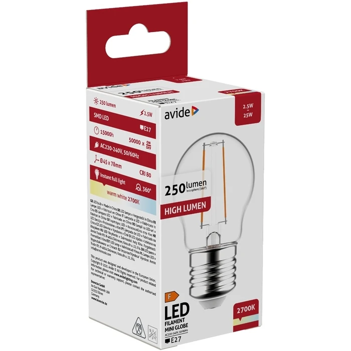 Λάμπα LED Avide Στρογγυλή 2.5W E27 Θερμό 2700K