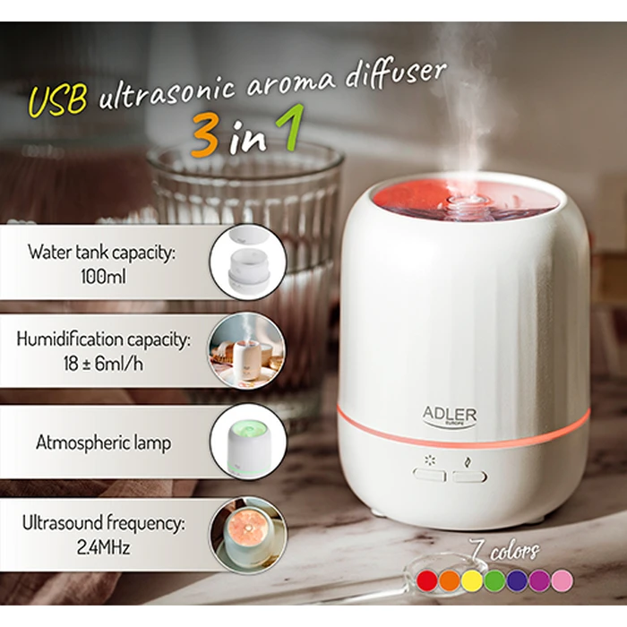 Diffuser Αρωματοθεραπείας Adler USB 3IN1 Υπερήχων