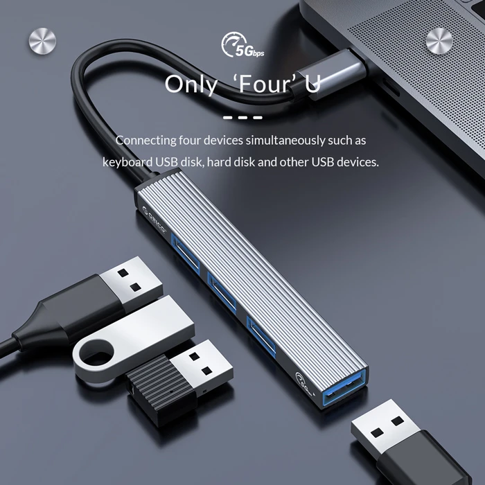 USB Hub Orico Ah-13, 4X Θυρών, USB 3.0, 5Gbps, USB-C, Γκρι